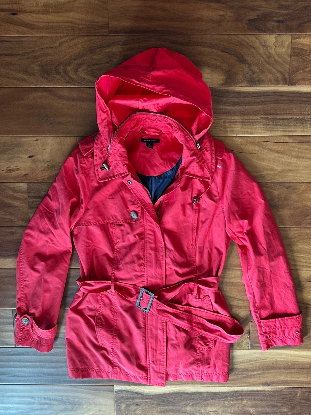 Tommy Hilfiger Bright Red Hooded Rain Coat with Belt size Medium